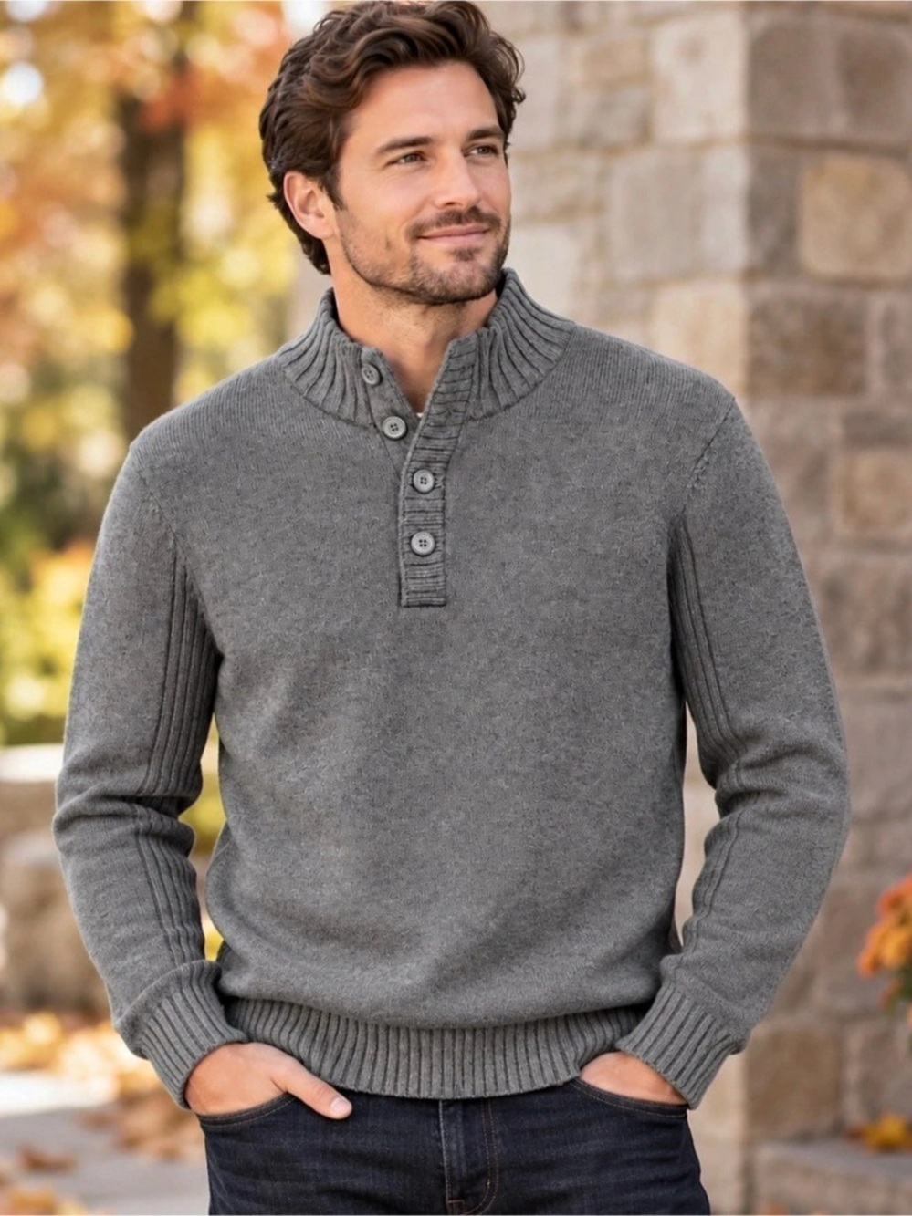 Denver Hayes Men’s Grey Cotton Mock Neck Button Sweater Size L